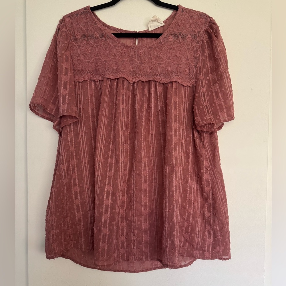 Women’s Babydoll Plus Size 2X Top Shirt Dusty Rose Mauve Lace Lightweight